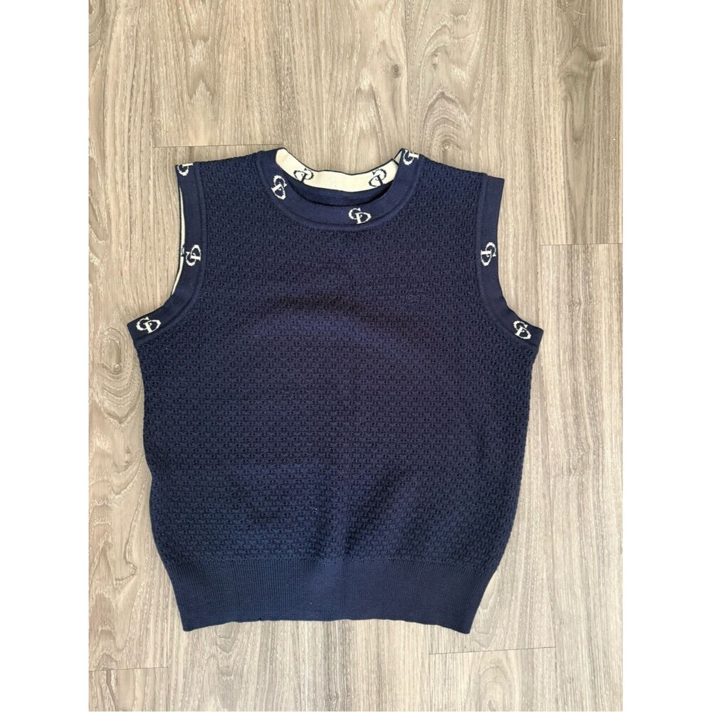 Vintage Christian Dior Paris CD Monogram Wool Knit Sweater Vest Navy Blue Logo